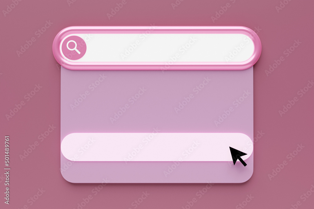 3D illustration search frame, box, panel on the internet with a magnifying glass icon, a large white field for choosing from options on a pink background 3D illustration search frame, box, panel on the internet with a magnifying glass icon, a large white field for choosing from options on a pink background