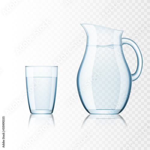 Set of transparent jug and glass with water, isolated.