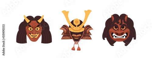 Japan noh masks for Asian kabuki theater. Angry Japanese devils, monsters heads with horns, evil faces set. Oriental namahage, ondeko, men yoroi. Flat vector illustrations isolated on white background