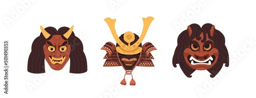 Japan noh masks for Asian kabuki theater. Angry Japanese devils, monsters heads with horns, evil faces set. Oriental namahage, ondeko, men yoroi. Flat vector illustrations isolated on white background photo