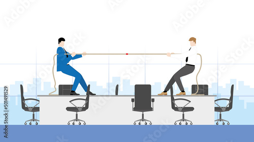 Business competition concept. Two businessmen, boss, employees, and salarymen fighting a tug of war in an office workplace. Conflict, confrontation and contest of career competing in the working day.