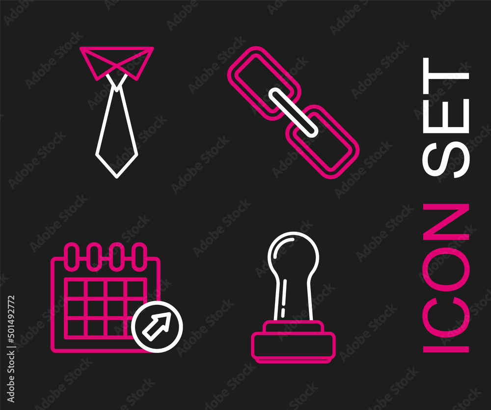 Set line Stamp, Calendar, Chain link and Tie icon. Vector Set line Stamp, Calendar, Chain link and Tie icon. Vector