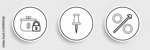 Set line Percent up arrow, Closed wallet with lock and Push pin icon. Vector