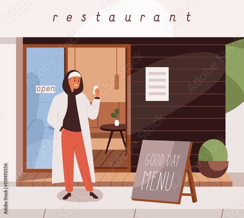 Man waiting outside of restaurant. Person standing alone with mobile phone in hand near cafe. Guy with smartphone in city street outdoors. Young male in downtown. Flat vector illustration