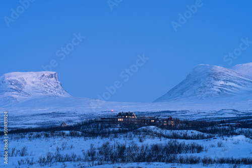 Dusk at the famous Lapporten (gate to Lapland) and Abisko in winter. photo