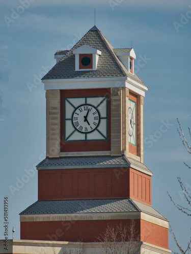 Vertical shot of the clock tower at the Johnson County Kansas Administration Building in Olathe photo