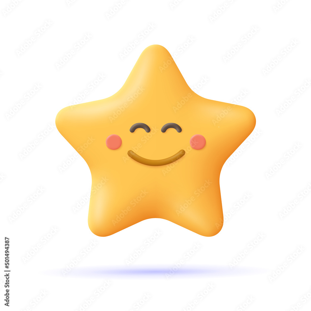 Yellow star, happy emoji. Smiley face emoticon. 3d vector icon. Cartoon minimal style. Yellow star, happy emoji. Smiley face emoticon. 3d vector icon. Cartoon minimal style.