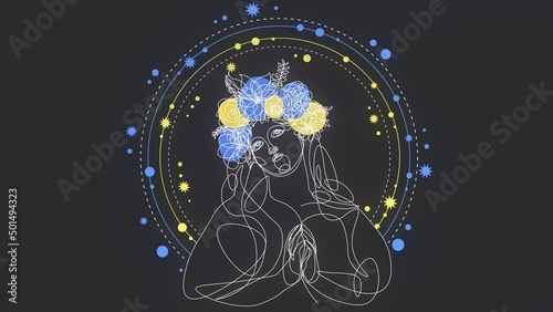 2d one line style animation video. Ukrainian woman praying for peace in Ukraine. Blue and yellow stars on dark gray background.No war. Save country. Support Ukraine. Close the sky. Victory of Ukraine. photo