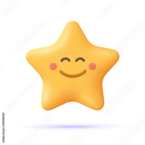 Yellow star, happy emoji. Smiley face emoticon. 3d vector icon. Cartoon minimal style.