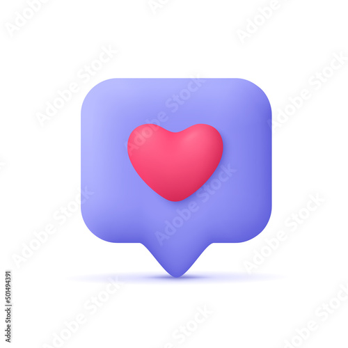 Love like heart social media notification, speech bubble with like.Social media network. 3d vector icon. Cartoon minimal style.
