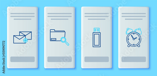 Set line Search concept with folder, USB flash drive, Envelope and Alarm clock icon. Vector