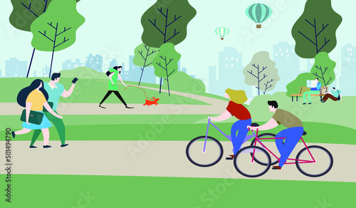 Vector illustration of people spending time in park