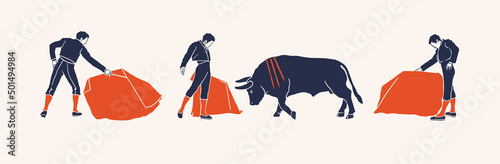 Collection of dark silhouettes of Matadors with red capes in different poses and bull. Toreador is main participant in the bullfight. Traditional symbol of Spain. Vector illustration isolated.