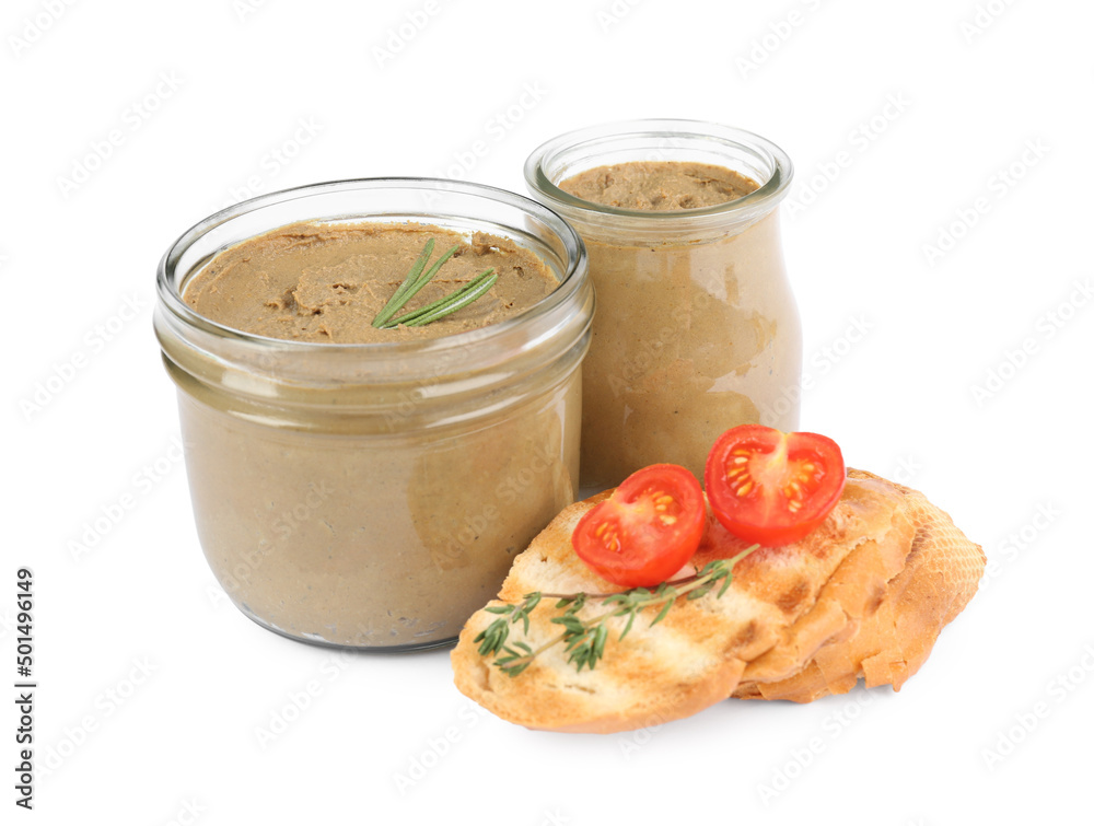 Glass jars with tasty liver pate, bread and tomato on white background Glass jars with tasty liver pate, bread and tomato on white background