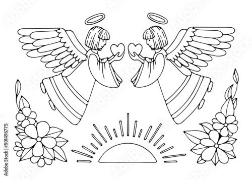 Coloring page angels give peace and love. Holy guardian angel in heaven. Hand drawn vector line art illustration. Coloring book for children and adults. Black and white sketch.