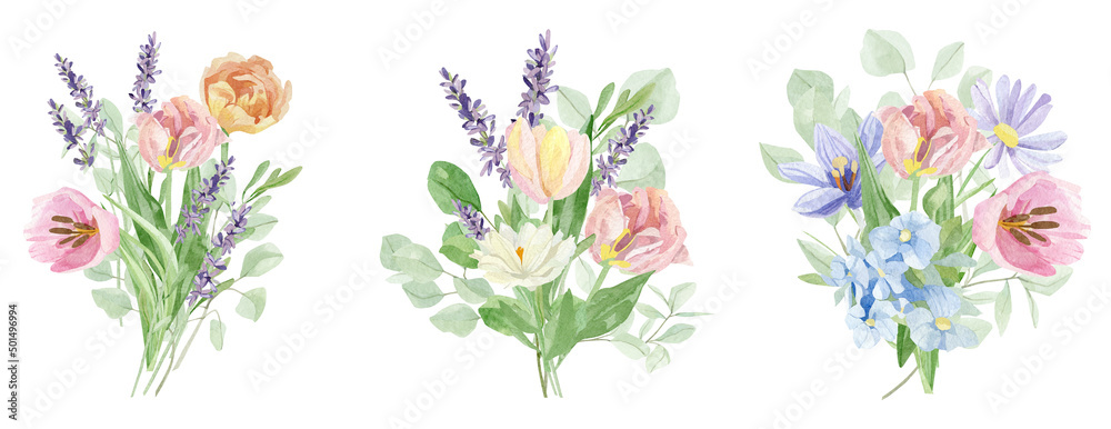 Watercolor floral bouquet set with crocus and lavender, tulips, wildflowers, green leaves, for wedding invitation, greeting card, baby shower, banner, logo design. Beautiful stock illustration.