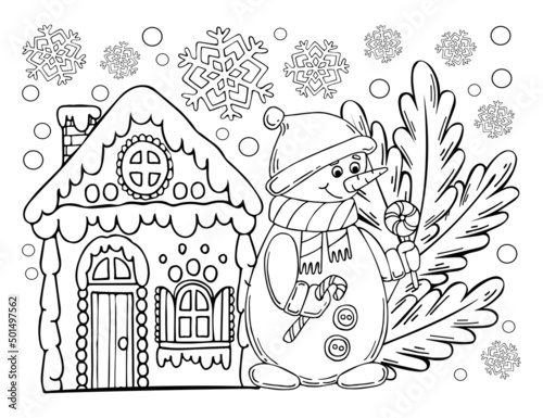 Christmas gingerbread house vector coloring page. Snowman, fir branch, snowflake. Sweet festive cookies. Hand drawn line art winter illustration. Happy holiday. Coloring book for children and adults.