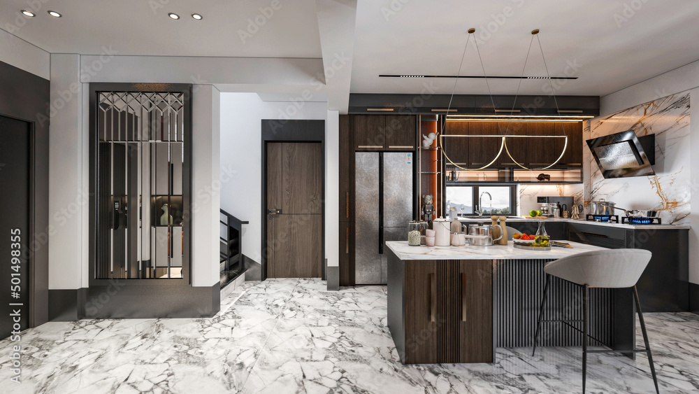 modern villa entrance and kitchen, luxury hotel room with fireplace ...