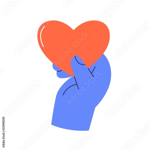 Hand holding red heart as symbol of love, care and support. Volunteer icon. Charity, donation, voluntary help and solidarity concept. Flat graphic vector illustration isolated on white background