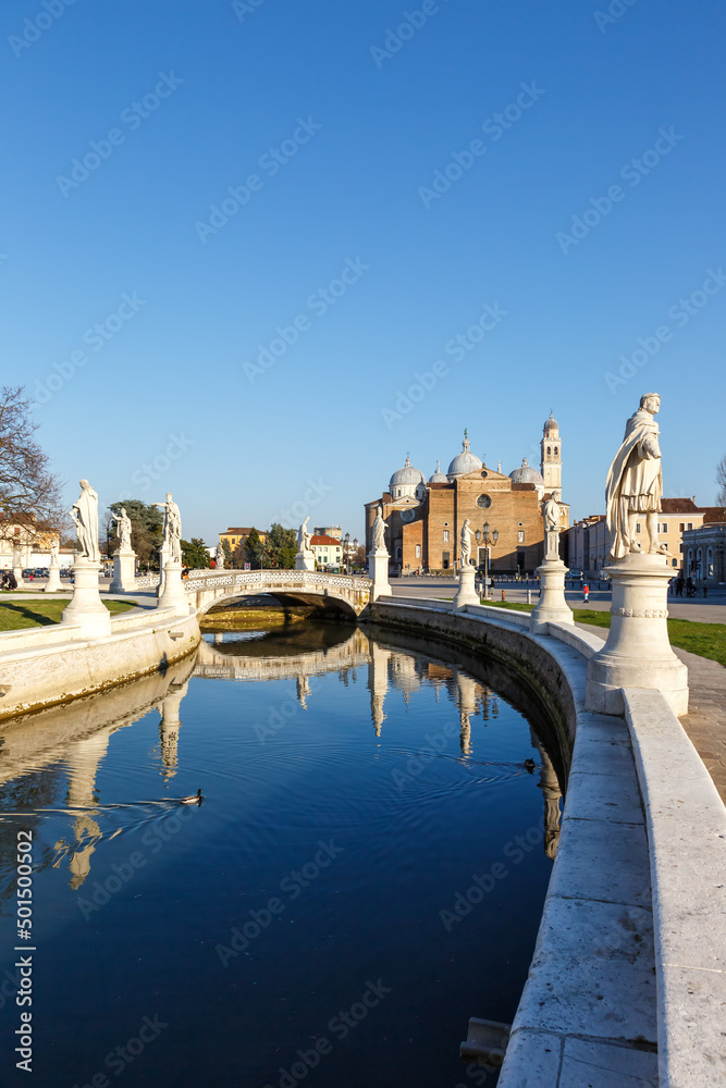 Padua Padova Prato Della Valle square with statues travel traveling holidays vacation town portrait format in Italy