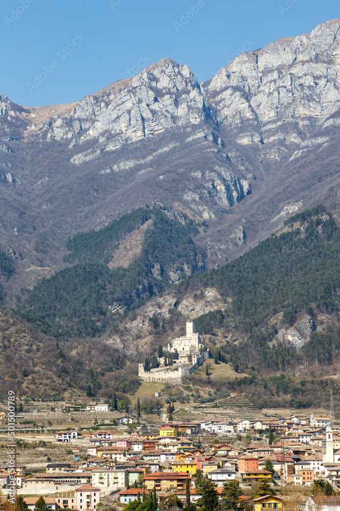 Castello di Avio castle landscape scenery Trento province Alps mountains portrait format in Italy