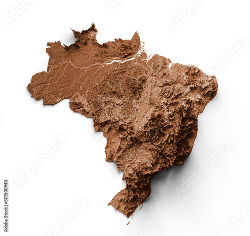 3d render of a topographic model of Brazil map on plain white background