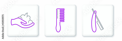 Set line Straight razor, Shaving gel foam on hand and Hairbrush icon. Vector
