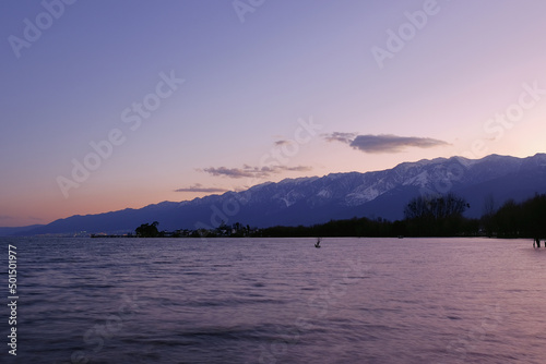 Sunset view of Erhai Lake and Cang Mountain in Yunnan province,China photo