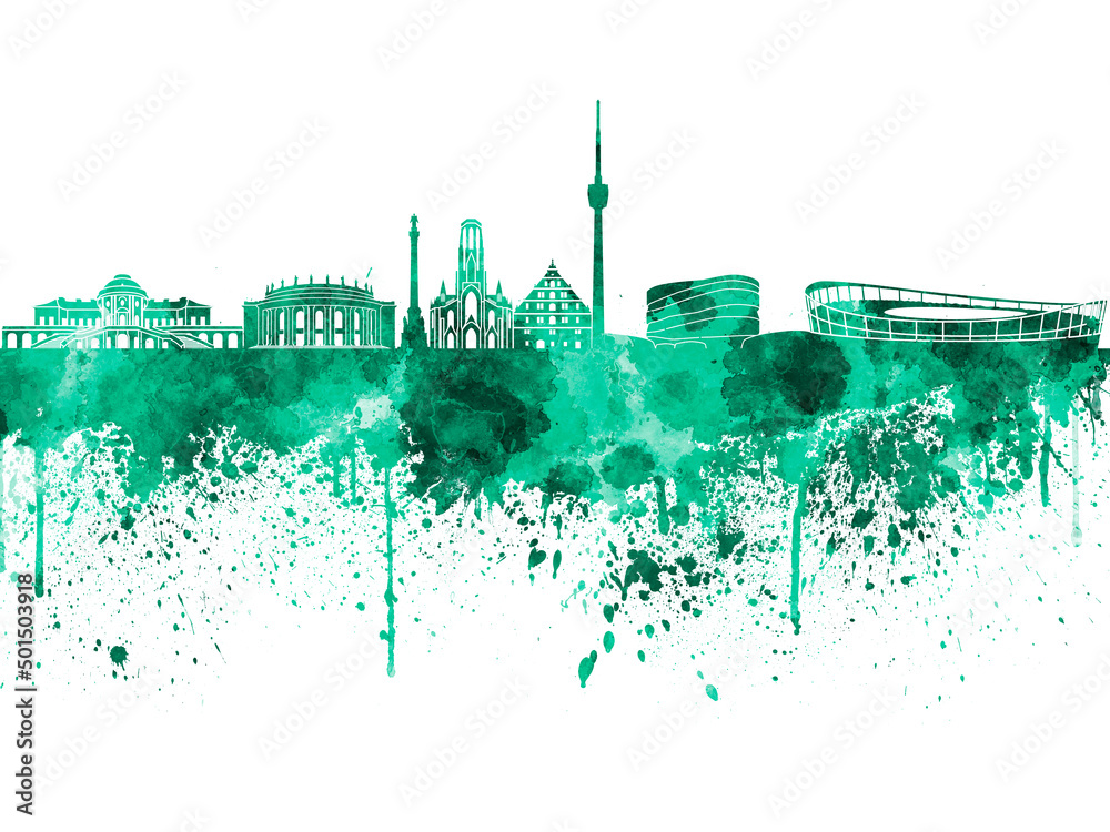Stuttgart skyline in green watercolor on white background