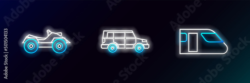 Set line Train, All Terrain Vehicle or ATV motorcycle and Off road car icon. Glowing neon. Vector