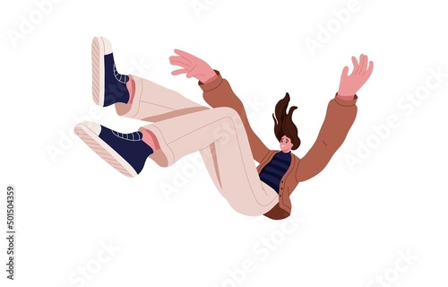 Unhappy unlucky person falling down. Fail, fall by accident. Failure, misfortune, life tragedy, psychology fear concept. Woman dropping. Flat vector illustration isolated on white background