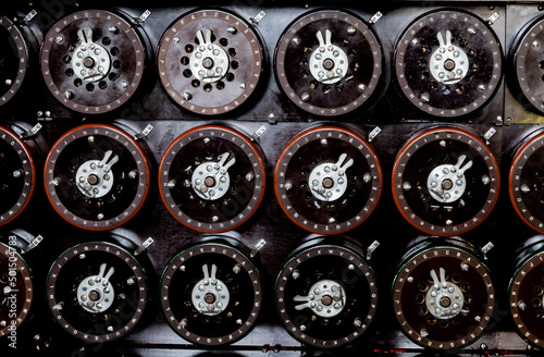 Closeup shot of indicator dials from the famous Bombe machine at Bletchley Park photo
