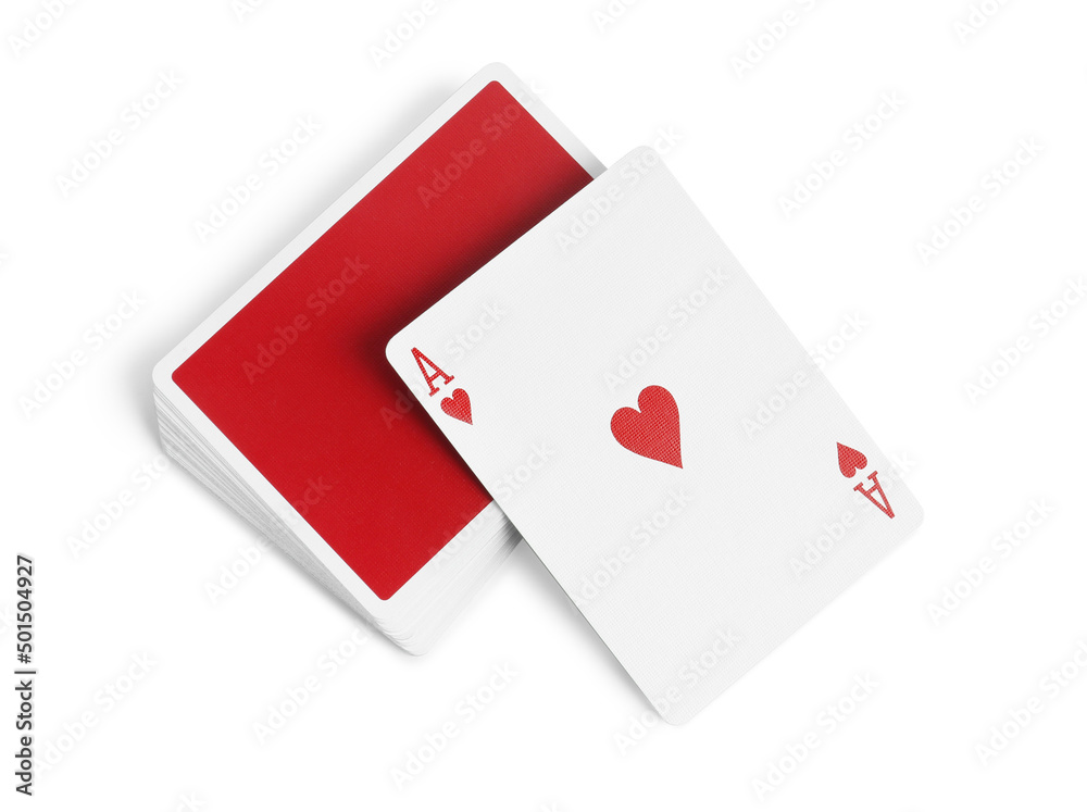 Obraz premium Playing cards and ace of hearts on white background