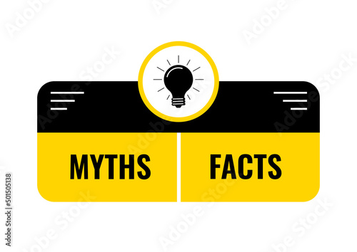 Fact and myth with lightbulb icon vector set. True or fiction bubble sticker isolated on white background. Flat design information badge illustration.