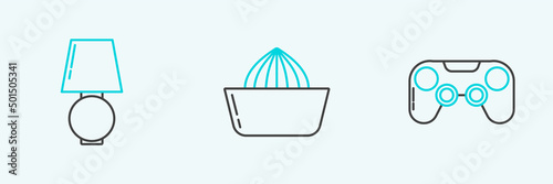 Set line Gamepad, Table lamp and Citrus fruit juicer icon. Vector