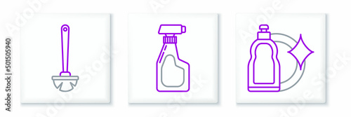 Set line Plastic bottles for liquid dishwashing liquid, Toilet brush and Cleaning spray with detergent icon. Vector