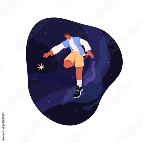 Person in space. Finding ideas, inspiration concept. Man dreaming, flying in cosmos, searching, exploring, aspiring to aim, floating in galaxy. Flat vector illustration isolated on white background