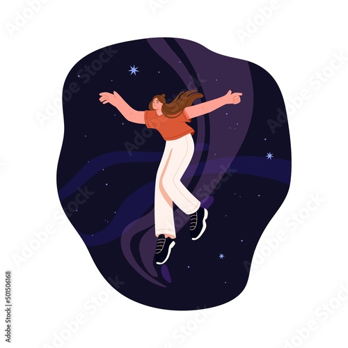 Person in space cosmos. Creative inspired woman dreamer floating, finding idea. Inspiration, imagination, creativity concept. Young girl dreaming. Flat vector illustration isolated on white background