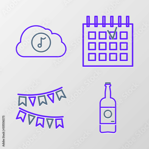 Set line Beer bottle, Carnival garland with flags, Detailed calendar and Music streaming service icon. Vector