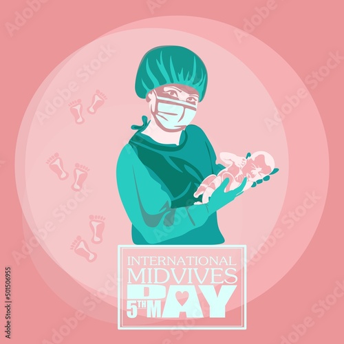 Young female midwife, happy smiling beautiful nurse carefully holding newborn baby, in scrubs, face mask, gloves. Midwives International Day, 5th May professional holiday vector poster.