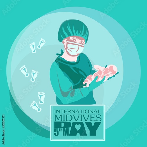 Young female midwife, happy smiling beautiful nurse carefully holding newborn baby, in scrubs, face mask, gloves. Midwives International Day, 5th May professional holiday vector poster.