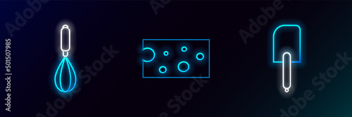 Set line Spatula, Kitchen whisk and Cheese icon. Glowing neon. Vector