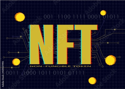 NFT nonfungible tokens text on dark background. Crypto art concept. Pay for unique collectibles in games or art.