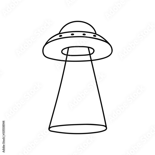 Flying saucer in doodle style. UFO Contour vector drawing. Unidentified spacecraft