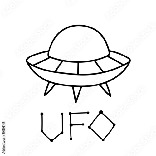 Flying saucer in doodle style. UFO Contour vector drawing. Unidentified spacecraft