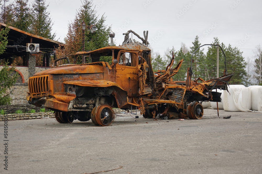 Military equipment burned down in battle. Army truck blown up. Army losses. Aggressive war. Military equipment burned down in battle. Army truck blown up. Army losses. Aggressive war.