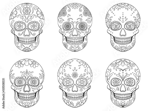 Collection of Day of The Dead sugar Skulls with floral ornament. Mexican skull. Vector illustration isolated on white background