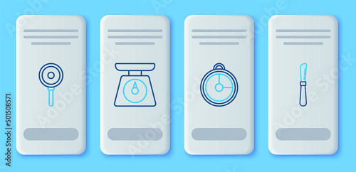 Set line Scales, Kitchen timer, Frying pan and Knife icon. Vector
