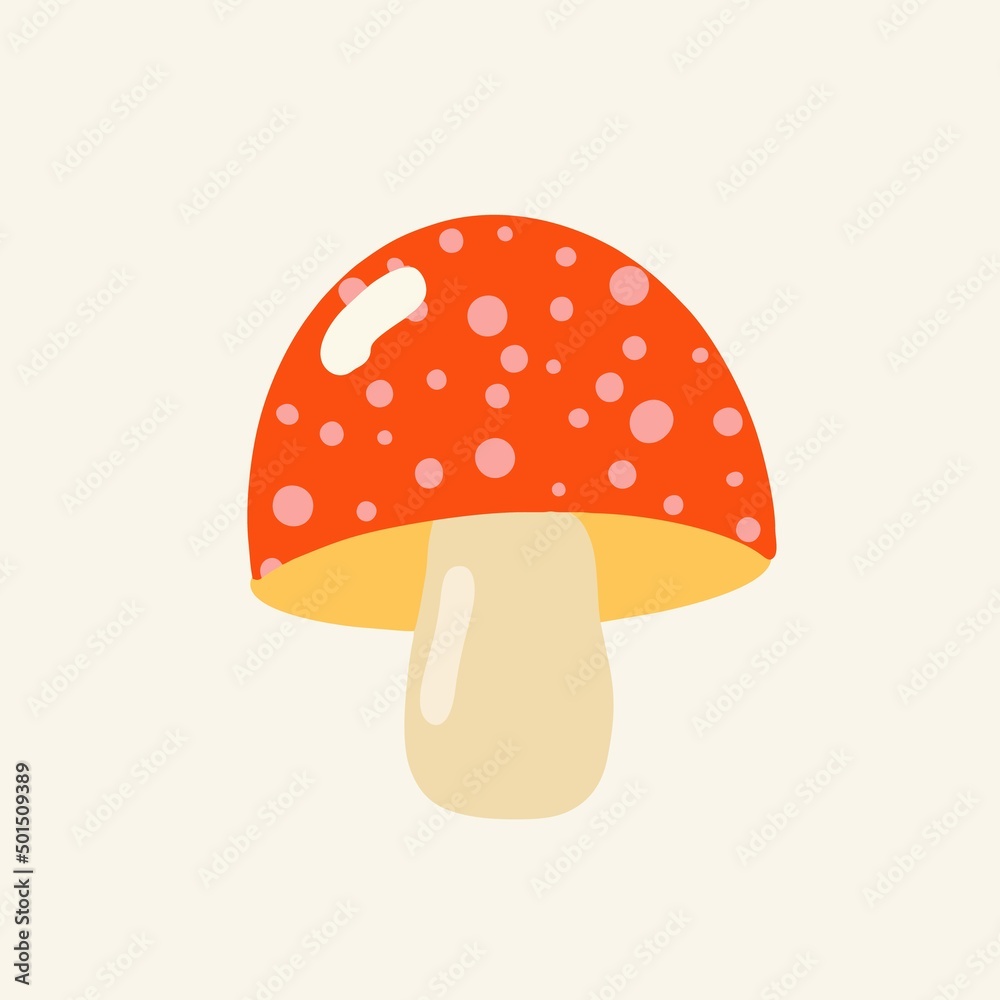 Red magic mushroom on a light background, fly agaric. Psychedelic sti Flat design, hand drawn cartoon, vector. Red magic mushroom on a light background, fly agaric. Psychedelic sti Flat design, hand drawn cartoon, vector.