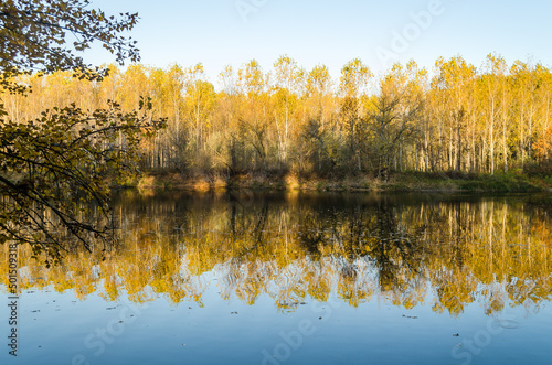 Scenci autumn panorama on the artificial lake Begecka Jama, near the city of Novi Sad, Serbia photo